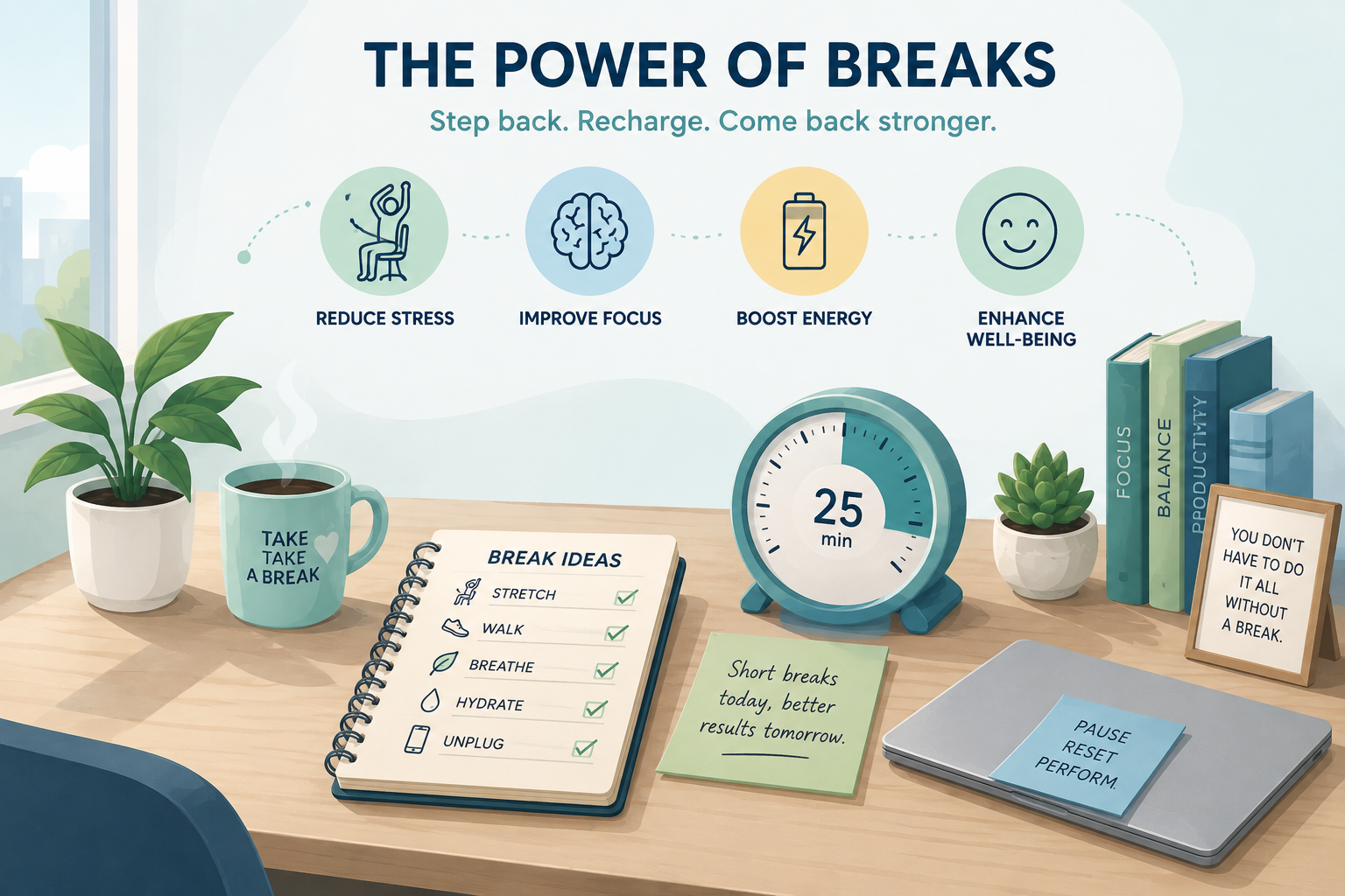 Benefits of Taking Breaks and How to Do It Effectively Vector illustration of a workspace with a break timer, stretching, walking, breathing, and other healthy break ideas