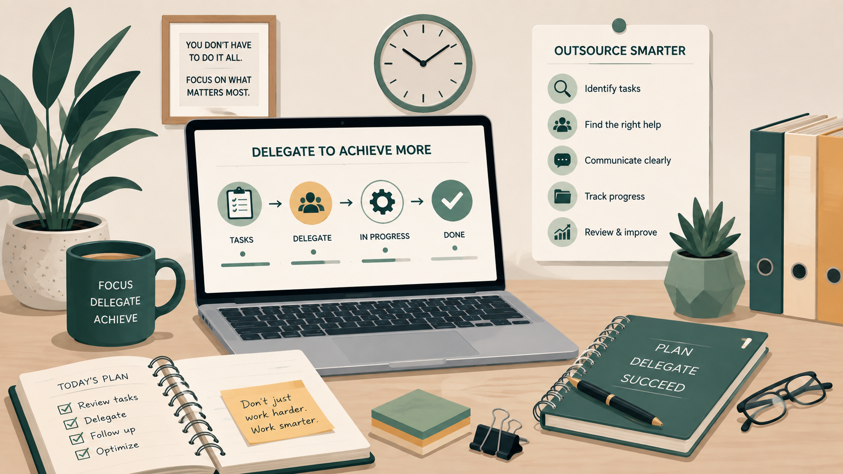 How to Delegate Tasks and Outsource Work Effectively Vector illustration of a task delegation and outsourcing workflow with planning, communication, progress tracking, and completion steps