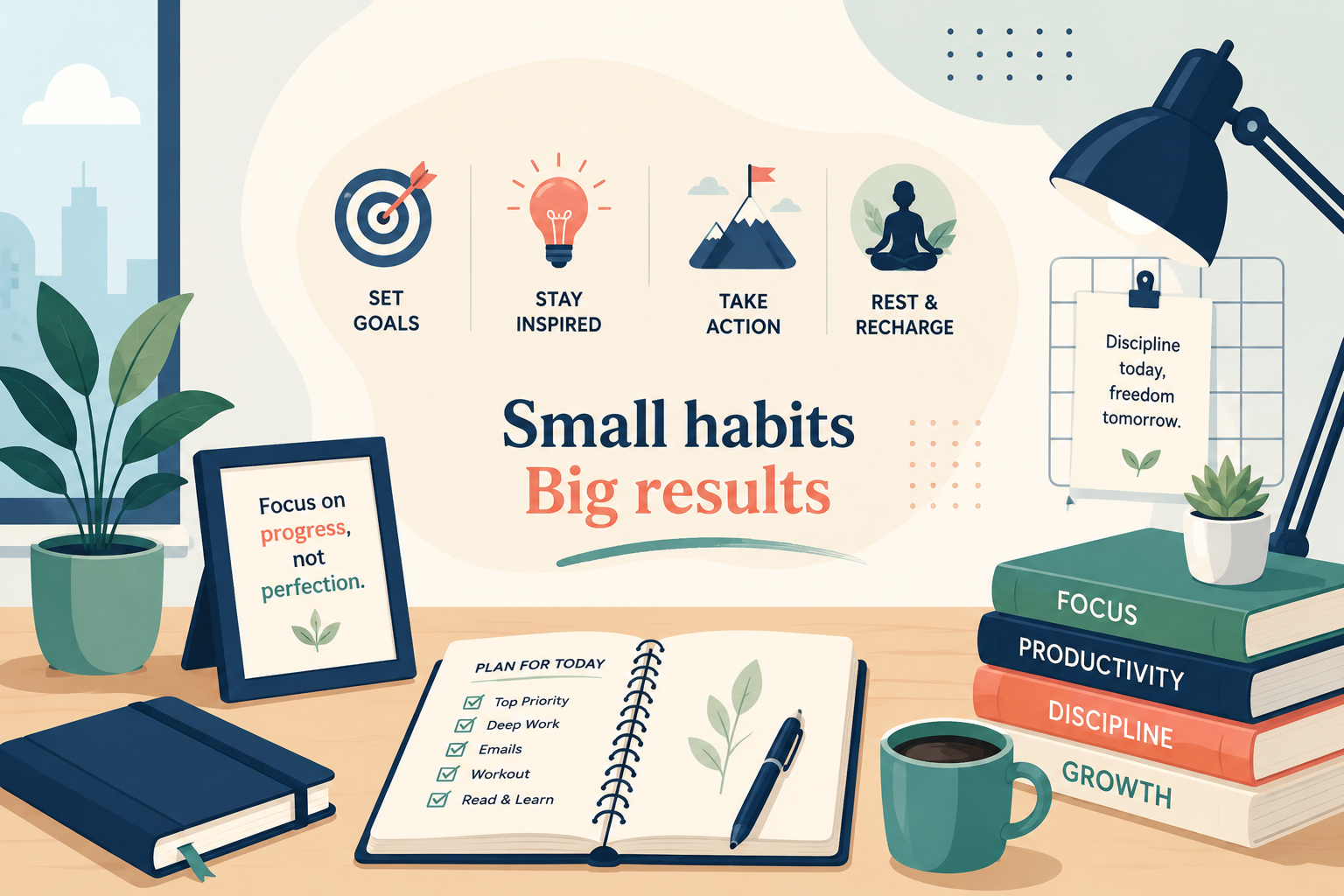 How to Stay Focused and Avoid Distractions Vector illustration of an organized workspace with a planner, focus reminders, books, and productivity tools for avoiding distractions