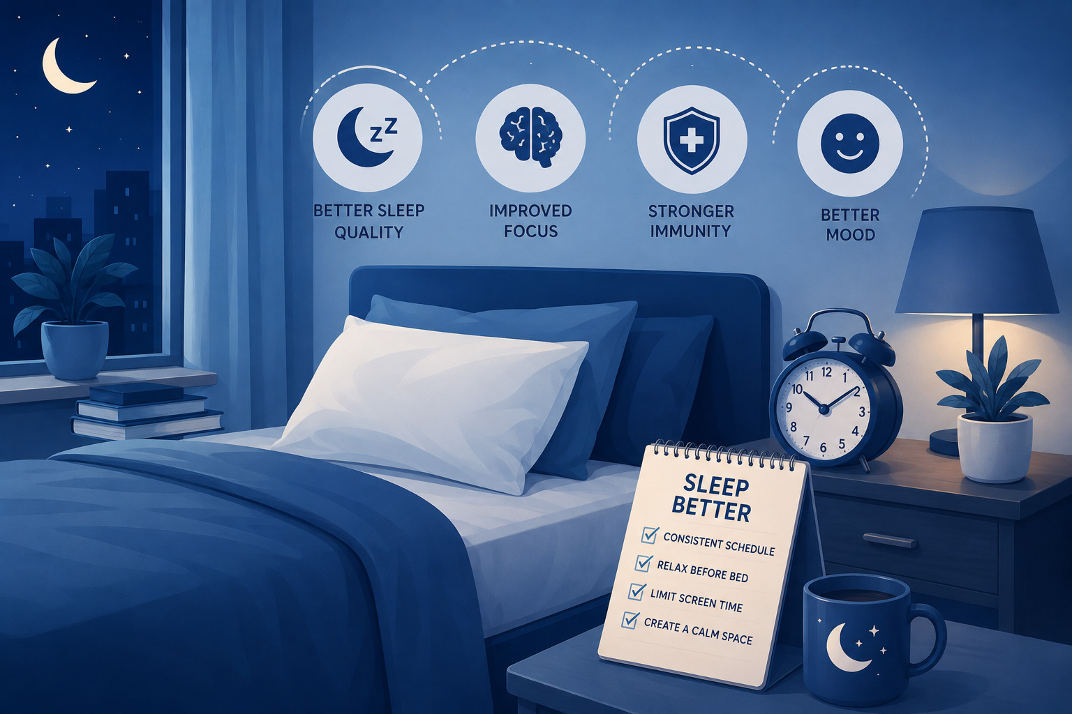 Home 5 Vector illustration of a calm bedroom, sleep schedule, alarm clock, and healthy sleep habits for better focus and productivity
