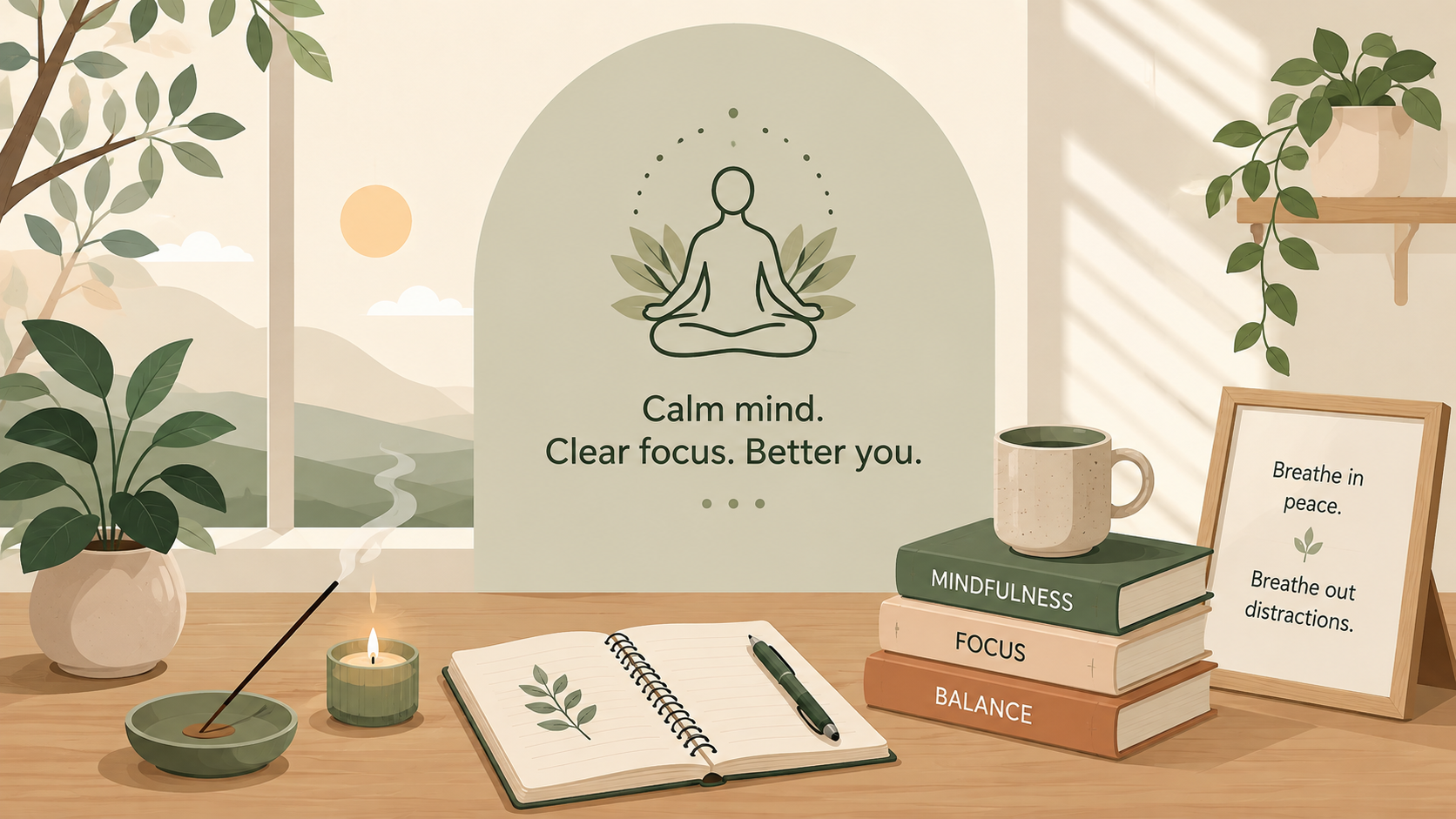 Home 6 Vector illustration of a calm mindfulness workspace with meditation, plants, journal, and focus reminders