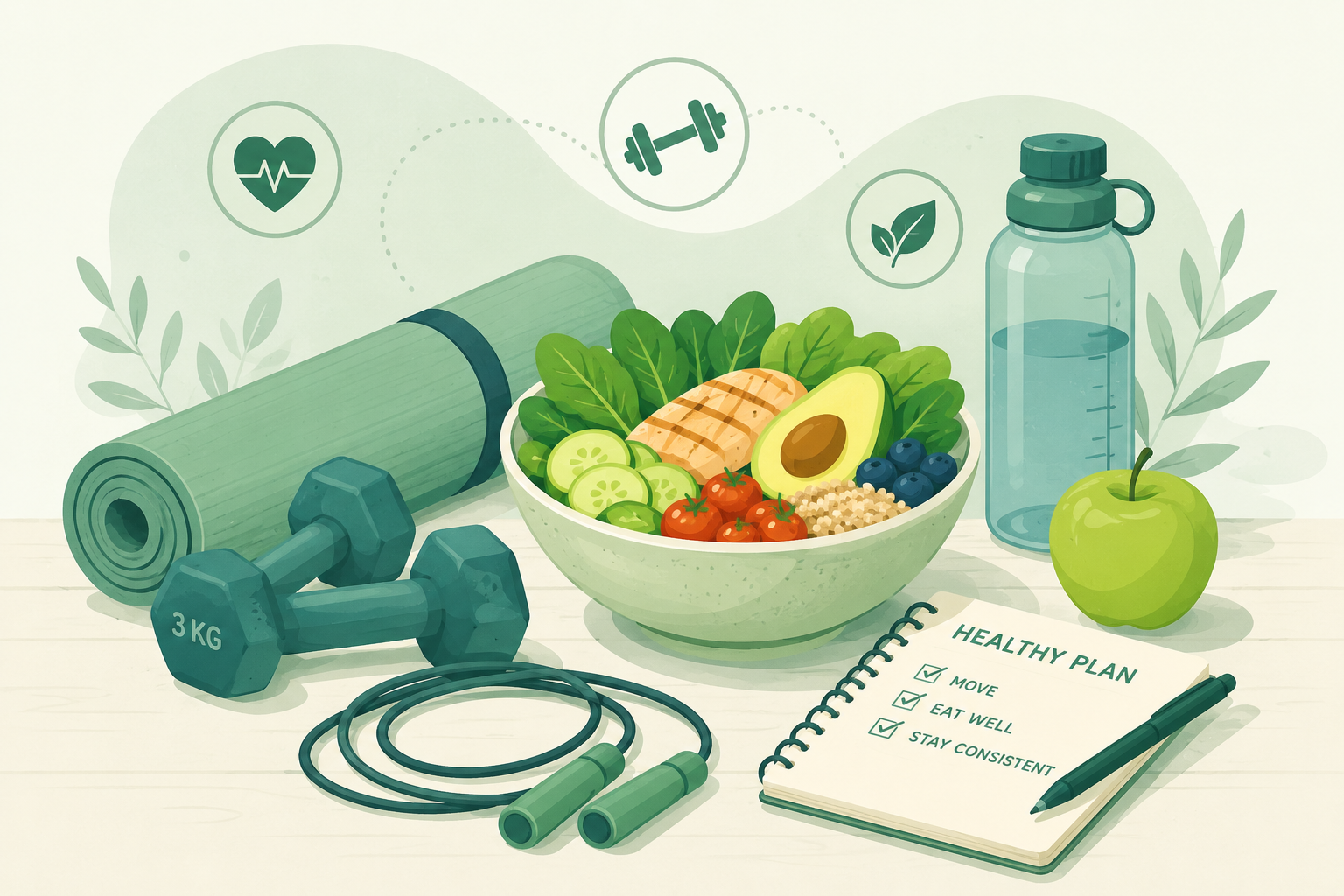 Physical Exercise and Nutrition for Better Productivity Vector illustration of nutritious food, dumbbells, exercise mat, water bottle, and healthy routine planner