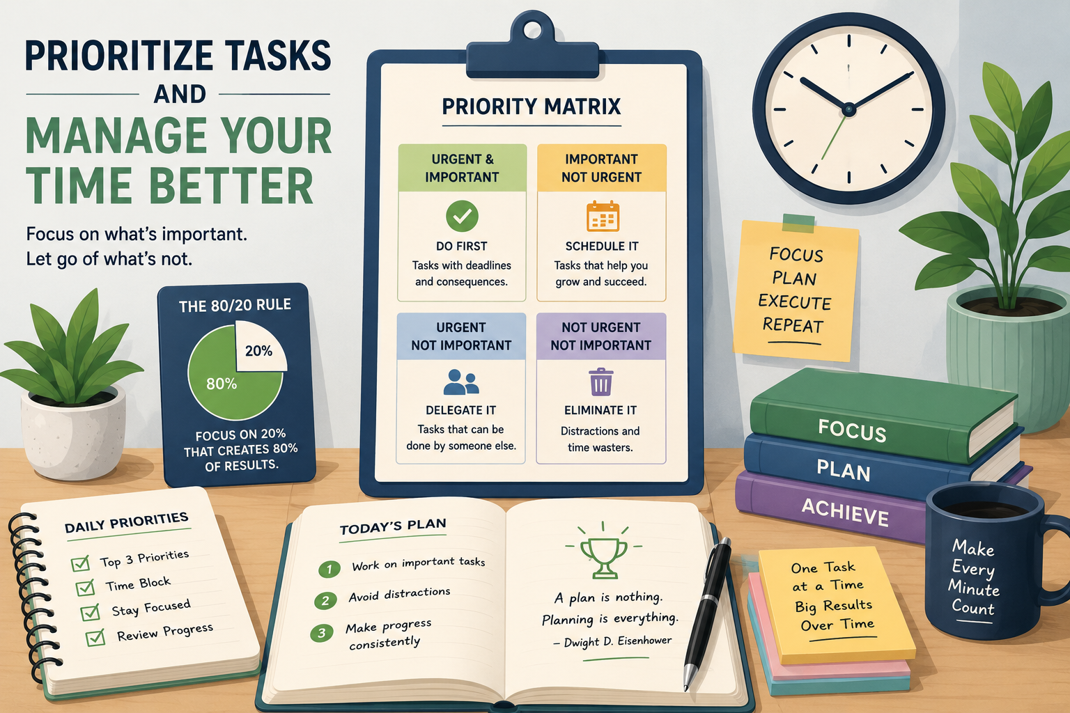 How to Prioritize Tasks and Manage Your Time Better Flat vector illustration showing task prioritization, a priority matrix, time planning, and daily scheduling for better time management