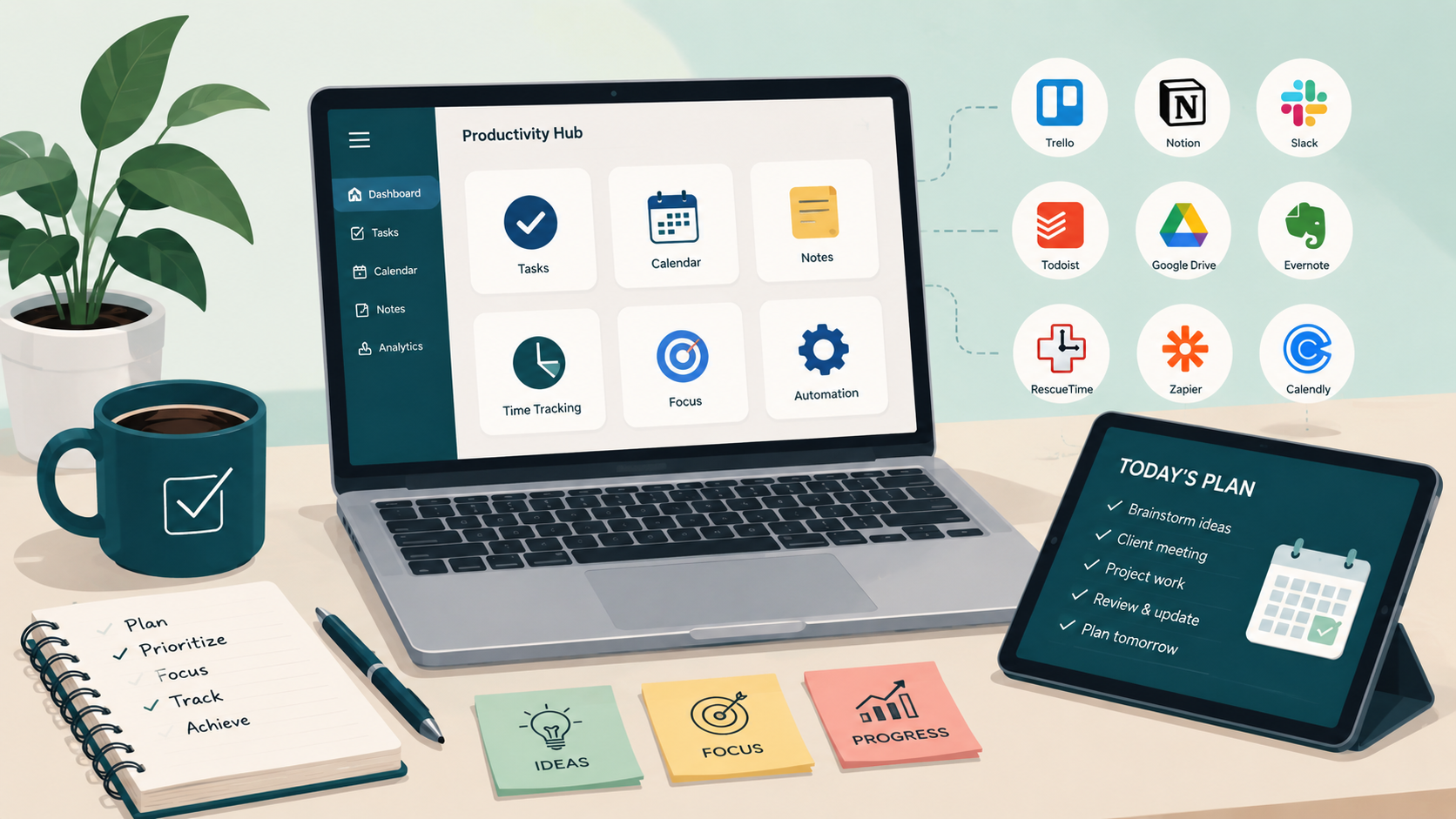 Productivity Tools and Apps to Improve Your Workflow Vector illustration of productivity tools and apps for managing tasks, calendars, notes, focus, and workflow automation