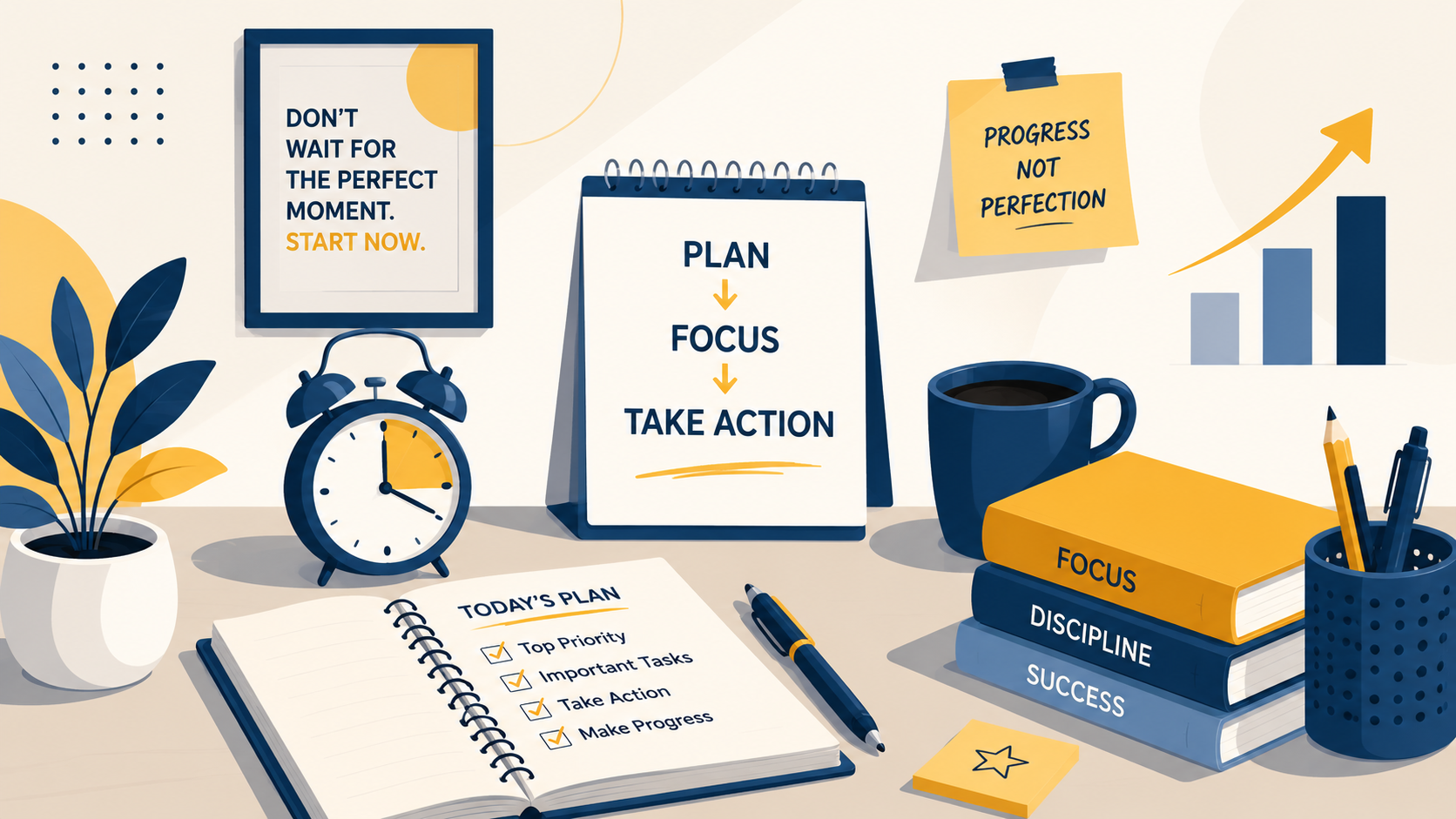Strategies for Overcoming Procrastination That Work Vector illustration of a productivity workspace with a planner, clock, goals, and action reminders for overcoming procrastination