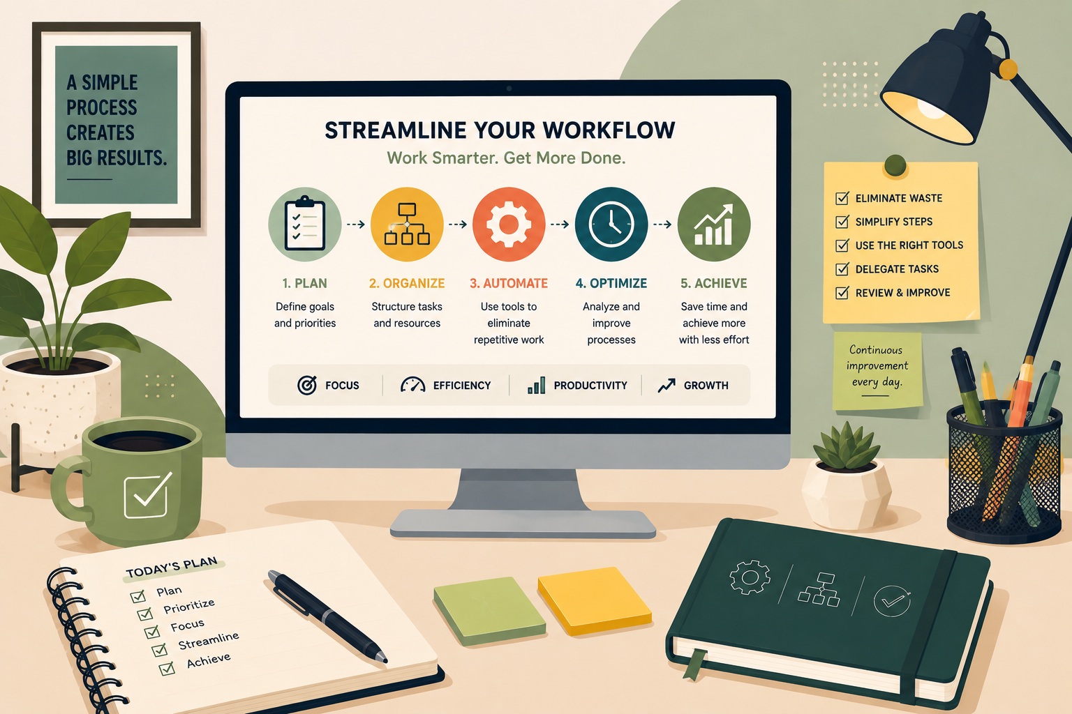 How to Streamline Your Workflow and Improve Efficiency Flat vector illustration showing a streamlined workflow with planning, organization, automation, optimization, and productivity steps