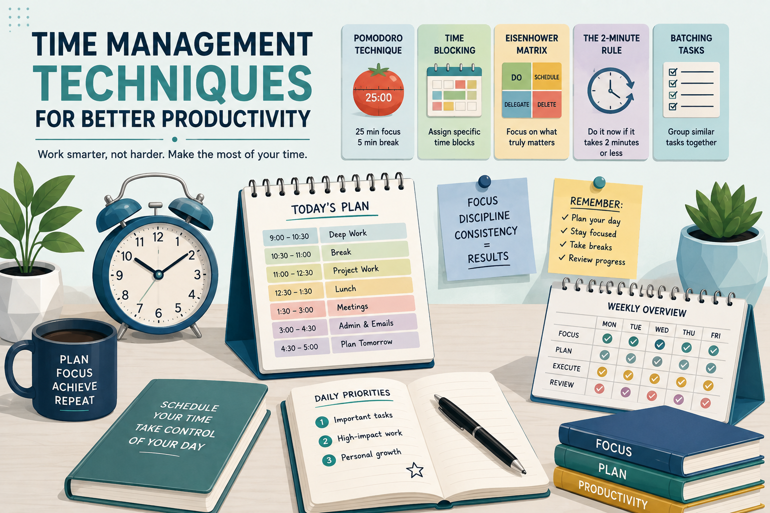 Time Management Techniques for Better Productivity Flat vector illustration showing time management techniques including time blocking, task batching, prioritization, and daily planning