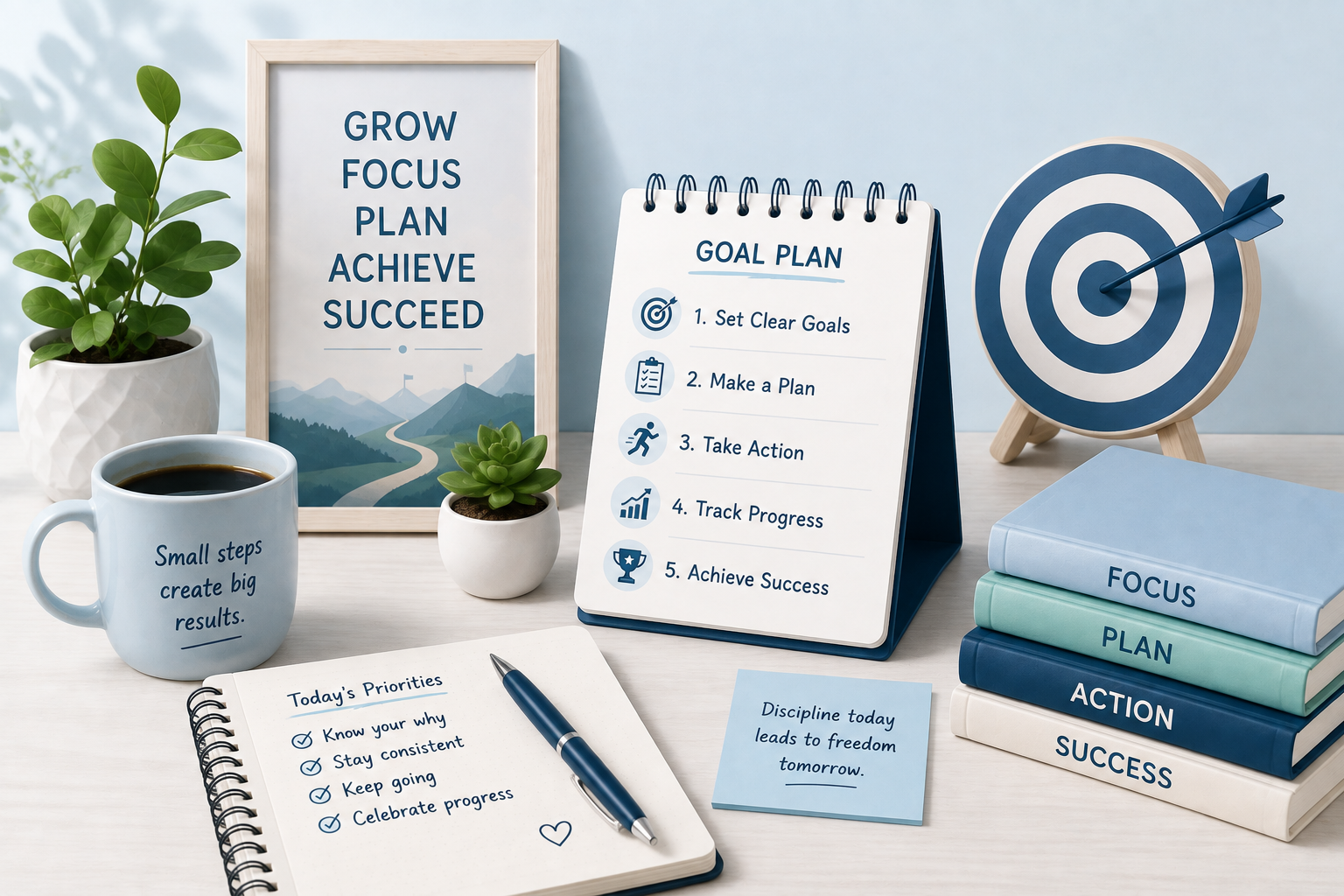 Tips for Setting and Achieving Goals Successfully Goal-setting plan with steps for setting goals, taking action, tracking progress, and achieving success