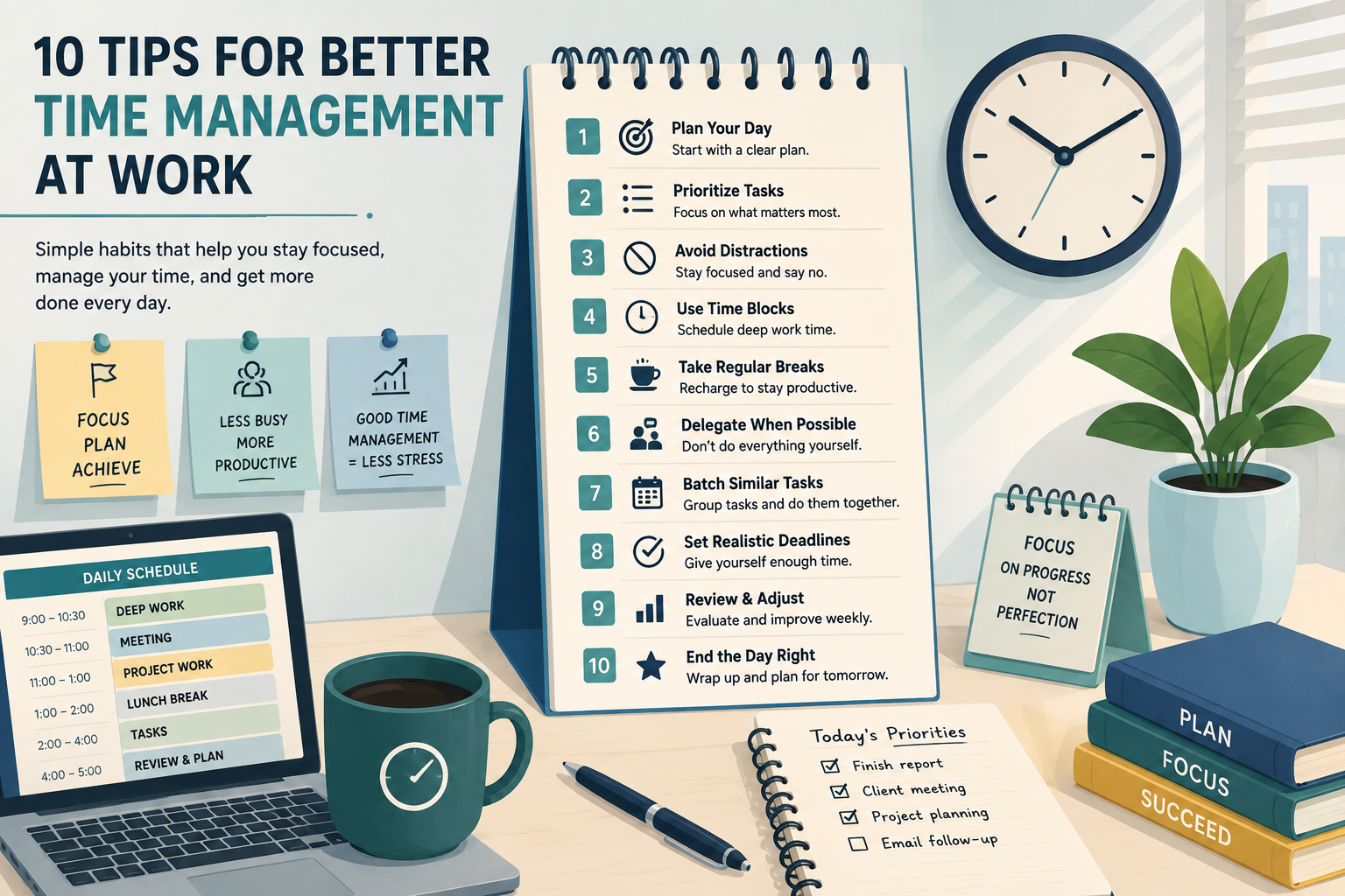 Flat vector illustration showing time management tips for planning, prioritizing tasks, reducing distractions, and managing a productive workday