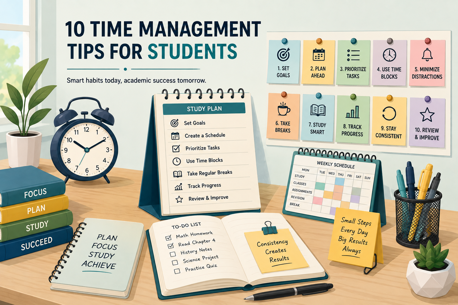 10 Time Management Tips for Students Flat vector illustration showing student time management with a study plan, weekly schedule, task priorities, time blocks, and study breaks