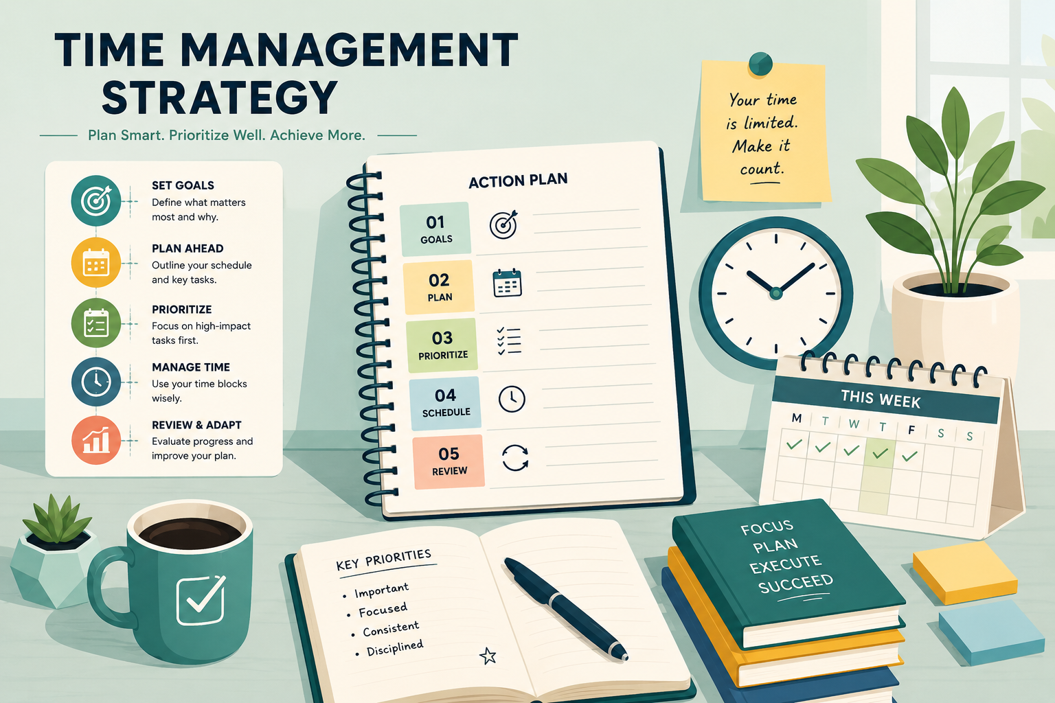 Flat vector illustration of a time management strategy with goals, priorities, scheduling, time blocking, and weekly planning